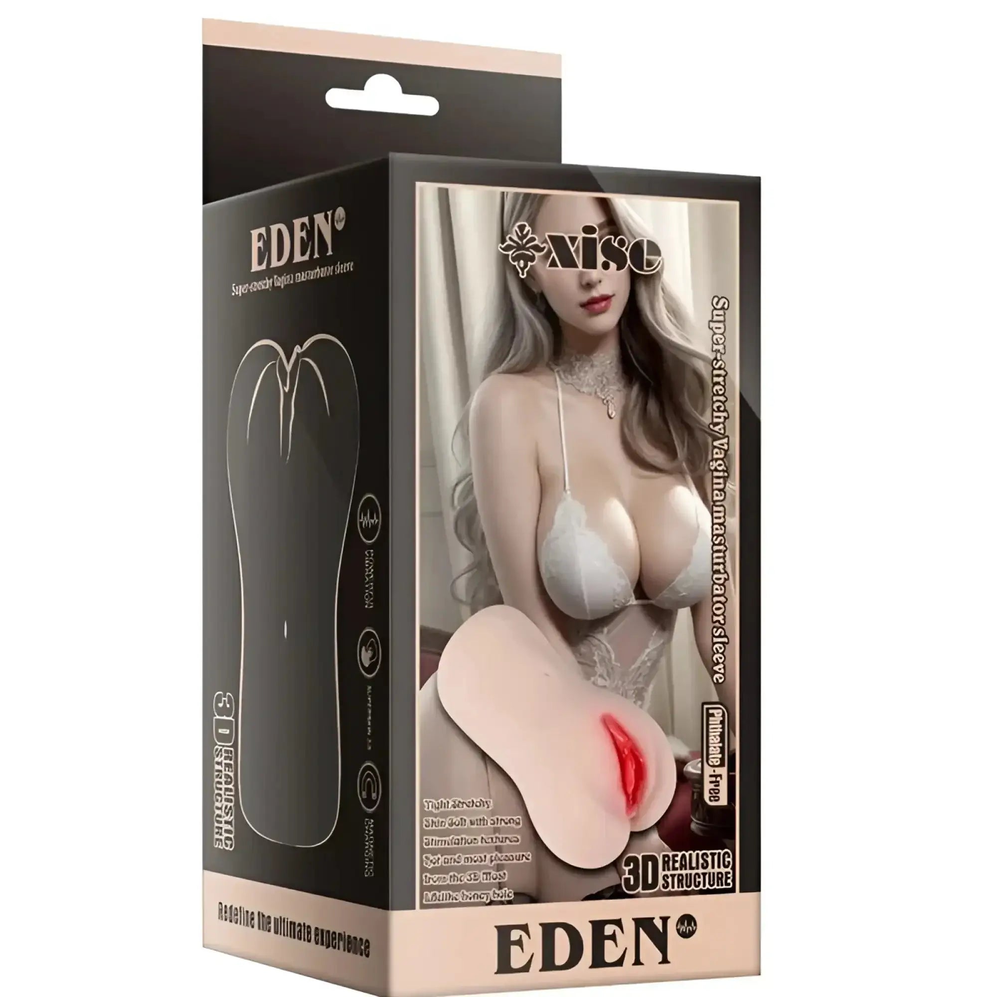 XISE Eden vibrating vaginal masturbator sleeve in pink silicone with red lips and flexible skin-like texture