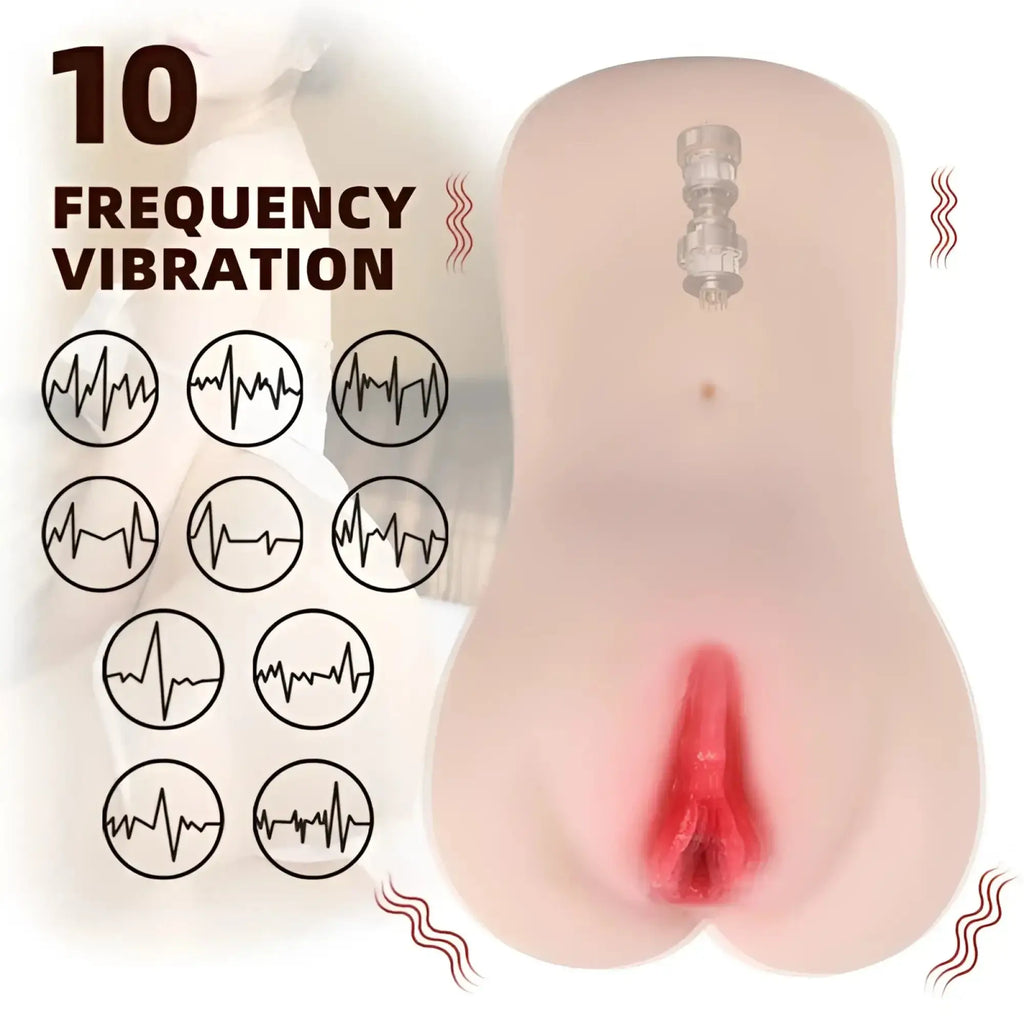 XISE Eden vibrating vaginal masturbator made of flesh-toned silicone with red cavity and transparent control top