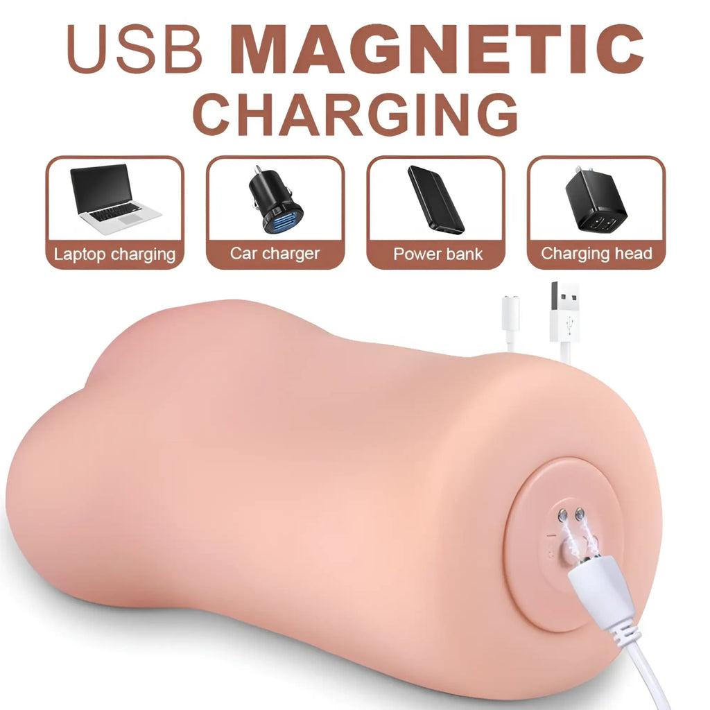 Pink silicone usb magnetic charging pad with circular port and connected white cable for xise eden vibrating vaginal masturbator