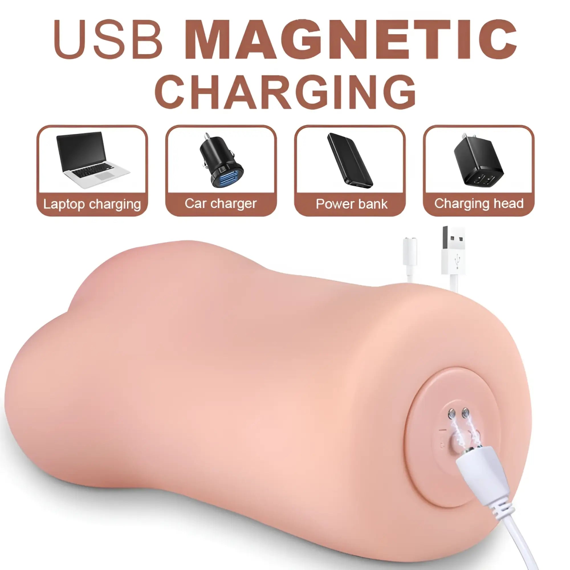 Pink silicone usb magnetic charging pad with circular port and connected white cable for xise eden vibrating vaginal masturbator