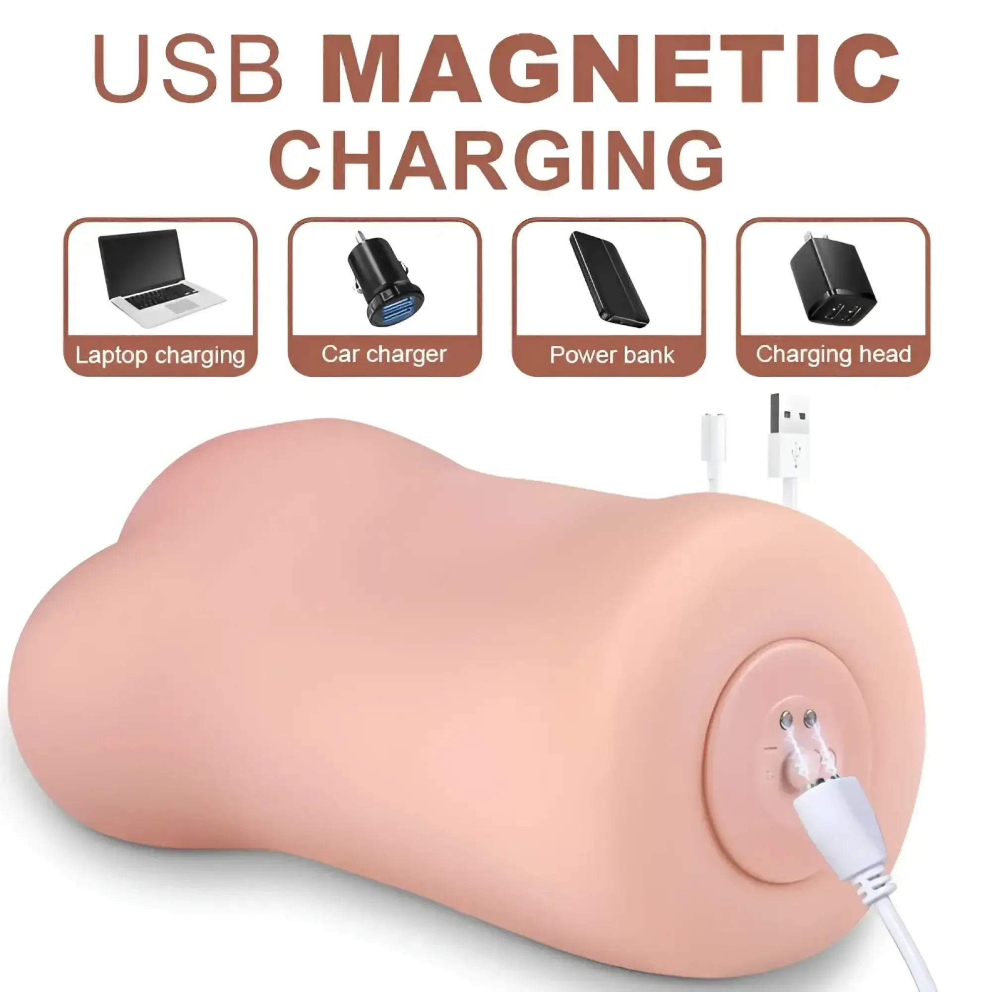 Pink silicone usb magnetic charging pad with circular port and connected white cable for xise eden vibrating masturbator