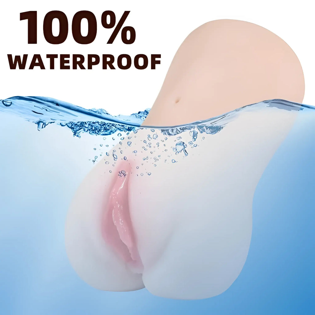 A realistic flesh-toned silicone xise eden vibrating vaginal masturbator with pink interior and smooth surface
