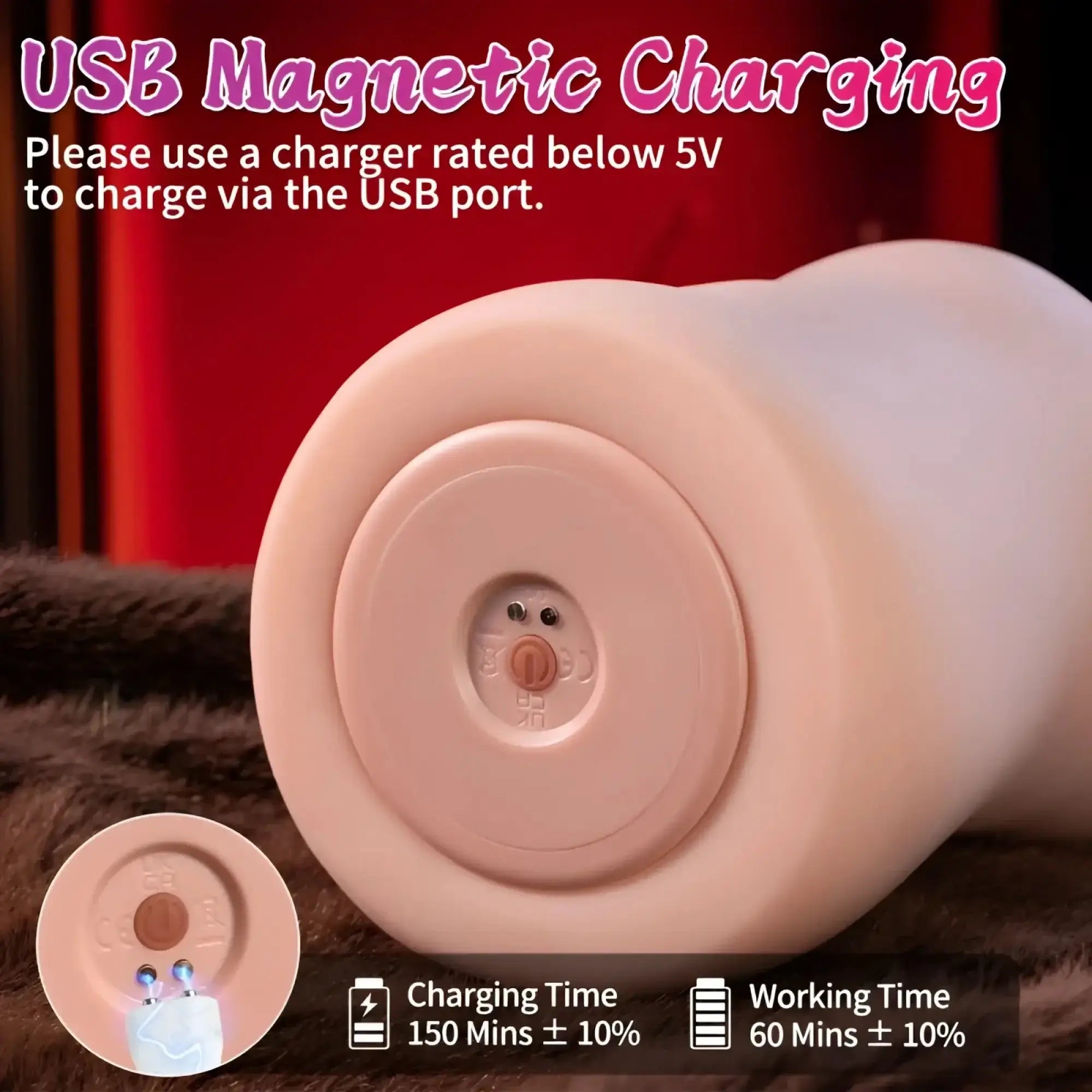 Pink silicone usb magnetic charging device with circular base and button for xise eliza app controlled thrusting vibrator
