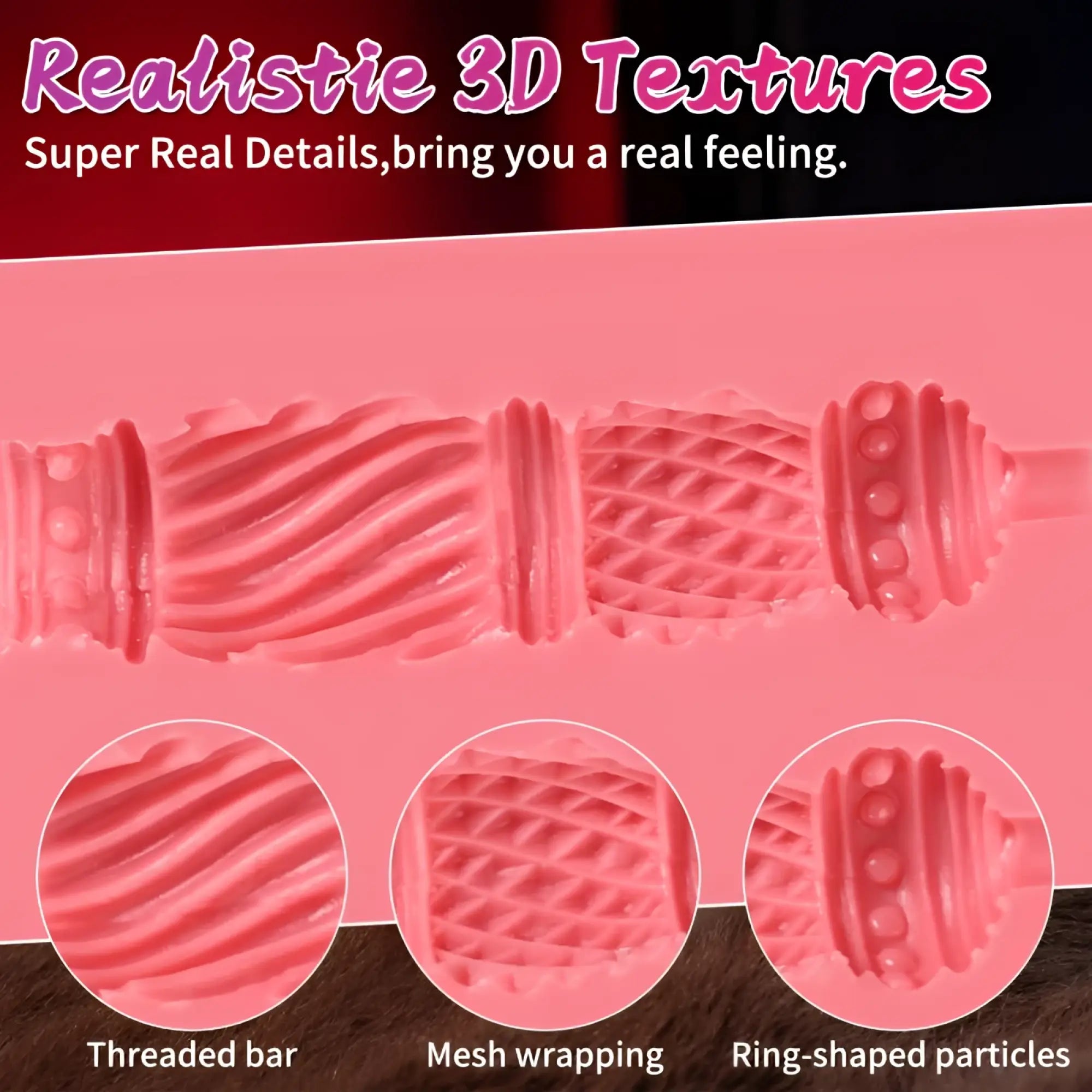 Pink silicone mold with intricate 3d textures for xise eliza app controlled thrusting vibrating realistic vaginal masturbator