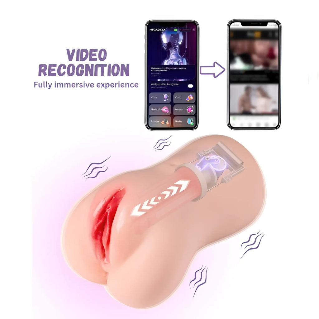 Pink silicone xise eliza app controlled thrusting vibrating realistic vaginal masturbator with transparent panel showing internal components and glowing arrows
