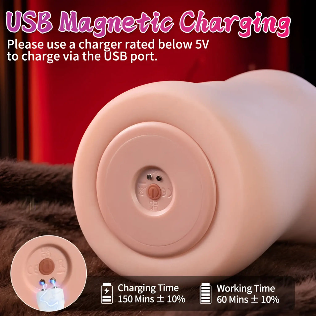Pink silicone usb magnetic charging device with circular base and button for xise eliza app controlled thrusting vibrator