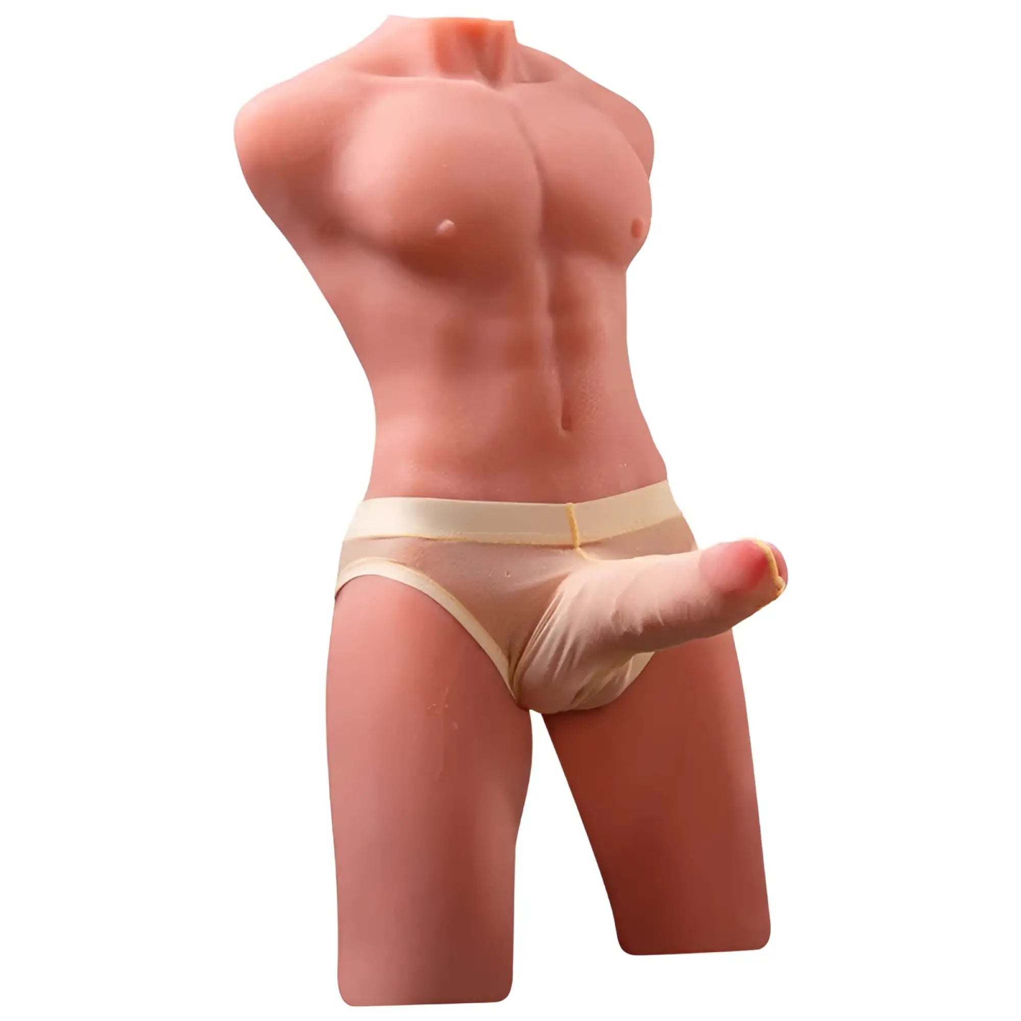 Pink silicone male torso mannequin with detailed muscles wearing beige mesh underwear for xise jason 8kg usb auto thrusting toy