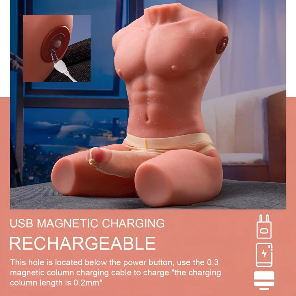Pink silicone male torso figurine with defined abs and beige waistband for XISE Jason 8kg USB auto thrusting toy