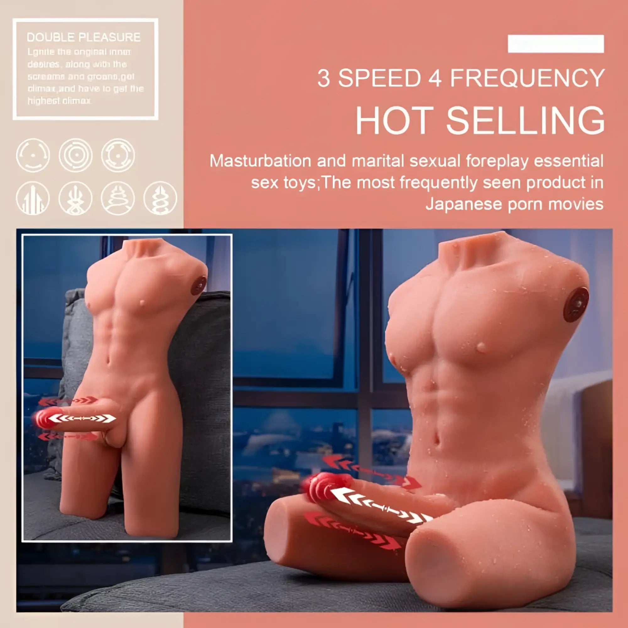 Pink silicone male torso sex toy with 3 speed and 4 frequency settings by XISE Jason 8kg USB auto thrusting