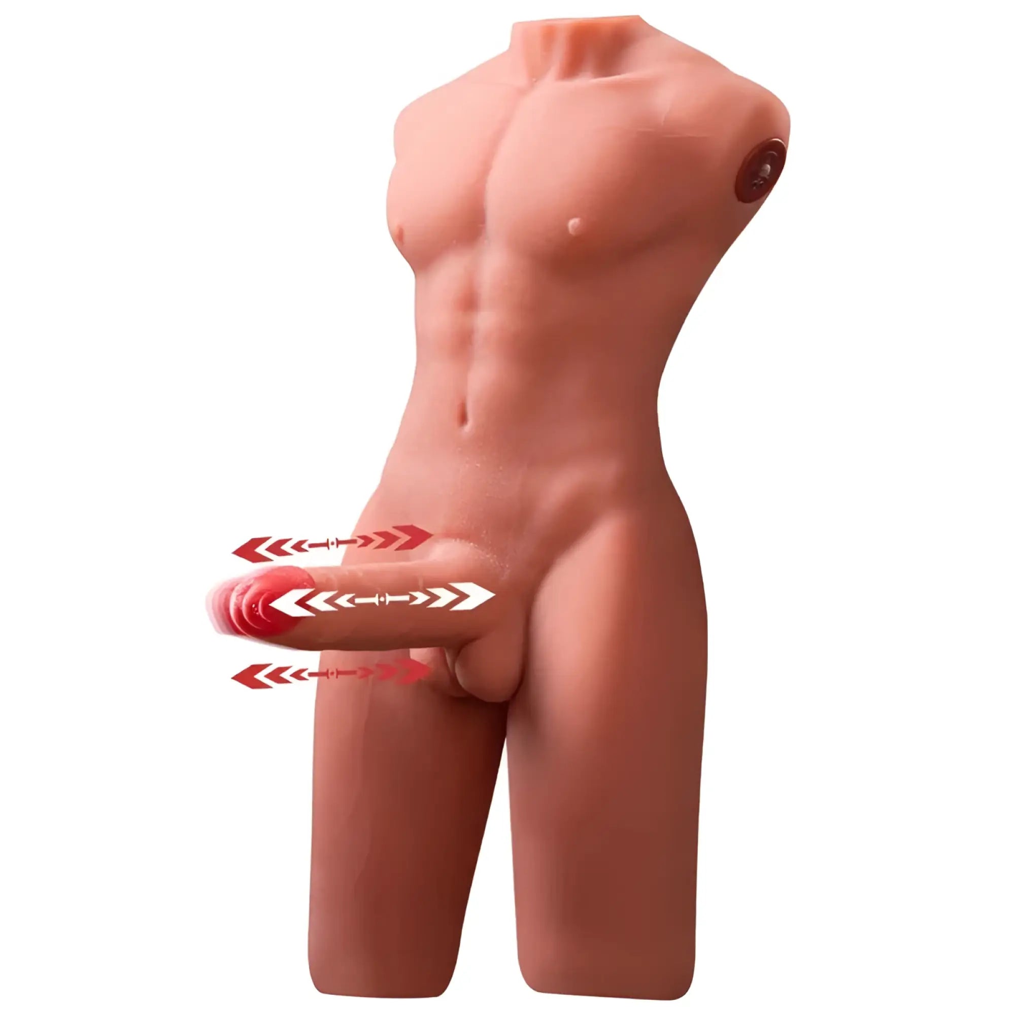 A realistic peach-colored silicone male torso model with detailed musculature and red button for xise jason 8kg usb thrusting toy