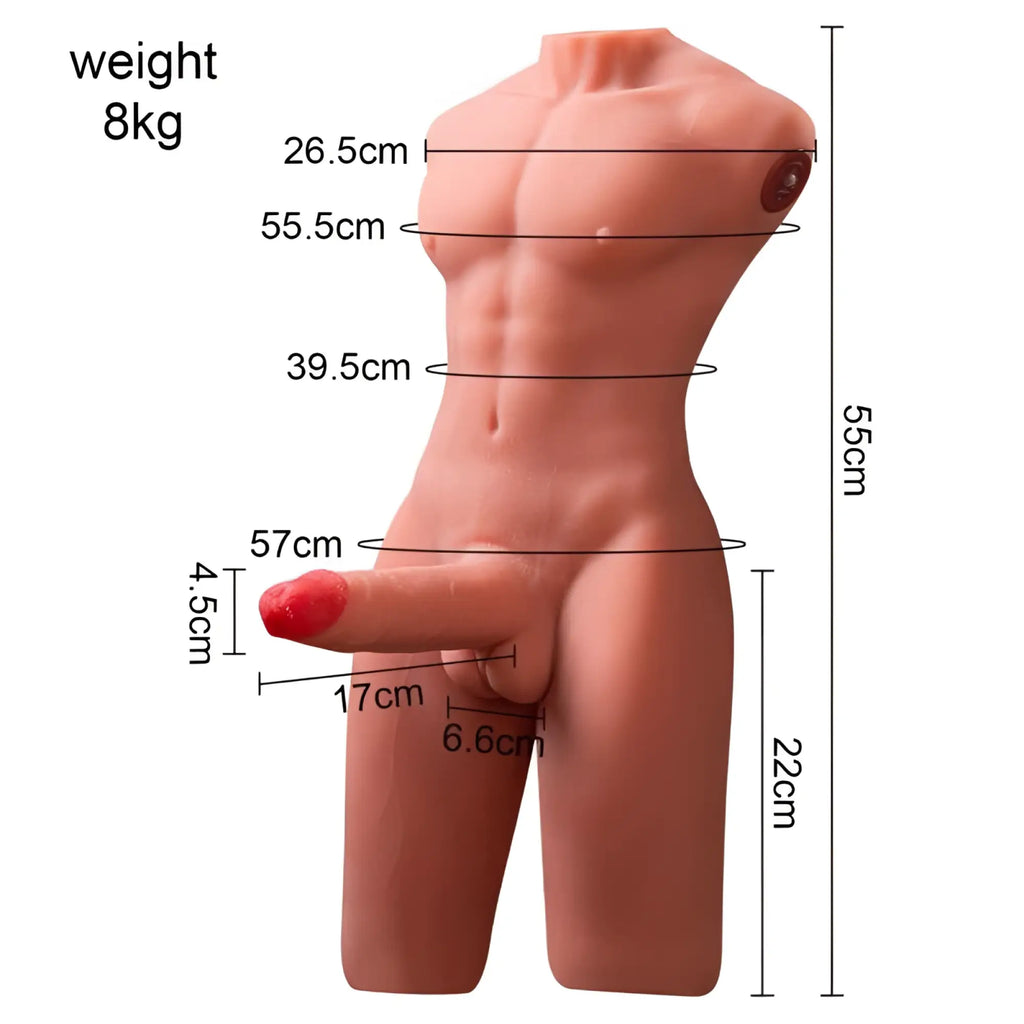A realistic peach-colored silicone male torso with detailed muscles and a red-tipped penis for thrusting use