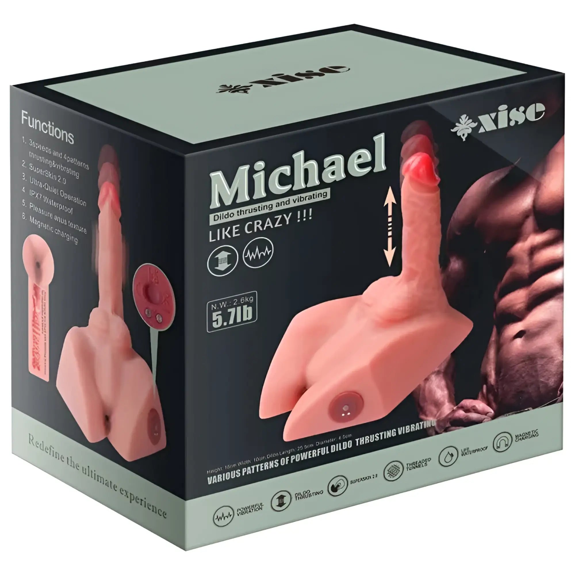 Pink silicone dildo with red-tipped head and circular control buttons branded michael by xise in xise michael 25kg usb auto thrusting