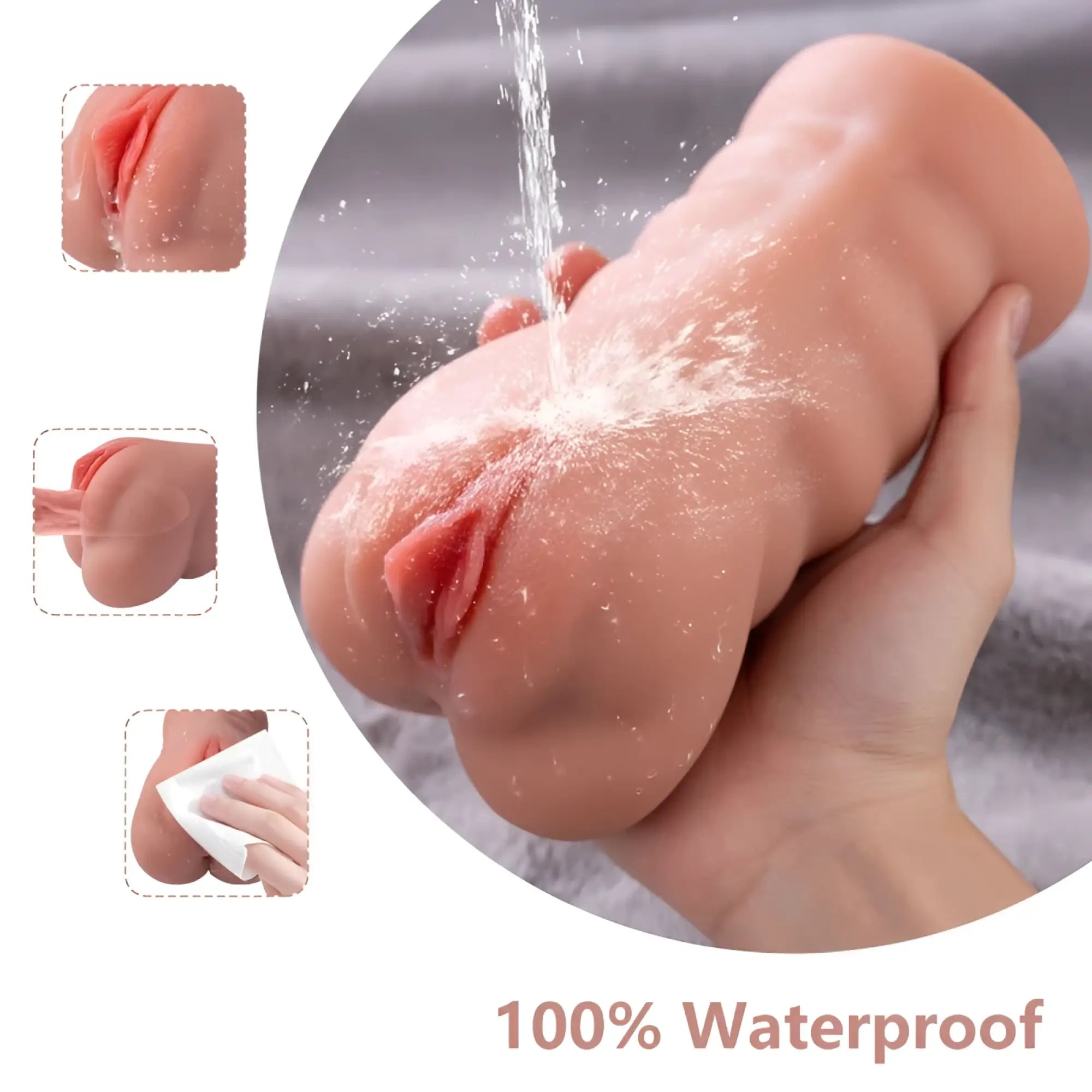A peach-colored realistic silicone vibrating anal vaginal masturbator by XISE ramar with detailed features and waterproof design