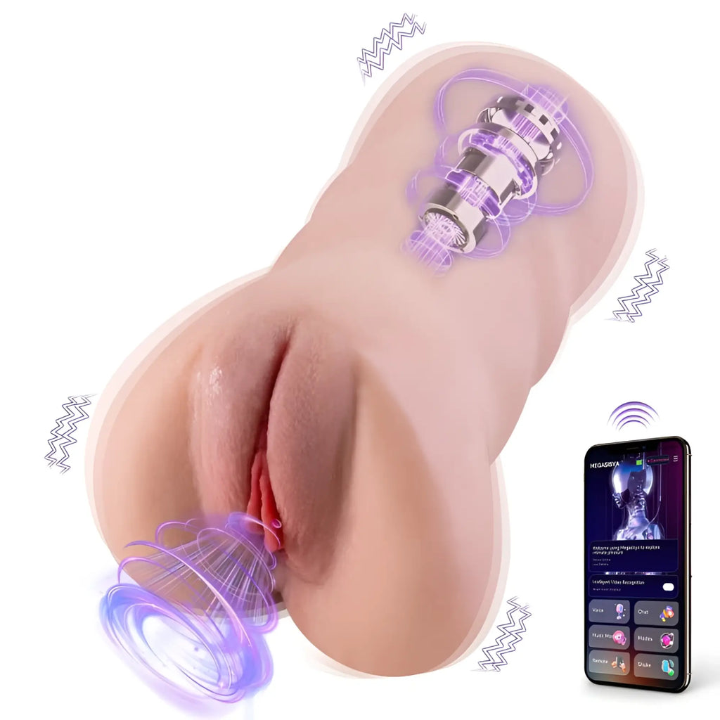 Beige silicone xise sora app controlled thrusting vibrating realistic vaginal masturbator with smartphone interface