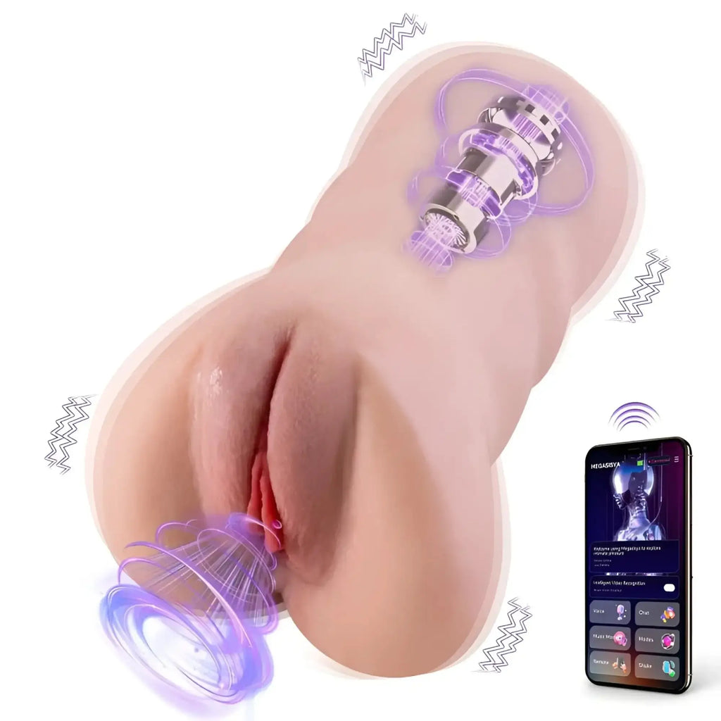 Beige silicone xise sora app controlled thrusting vibrating realistic vaginal masturbator with smartphone interface