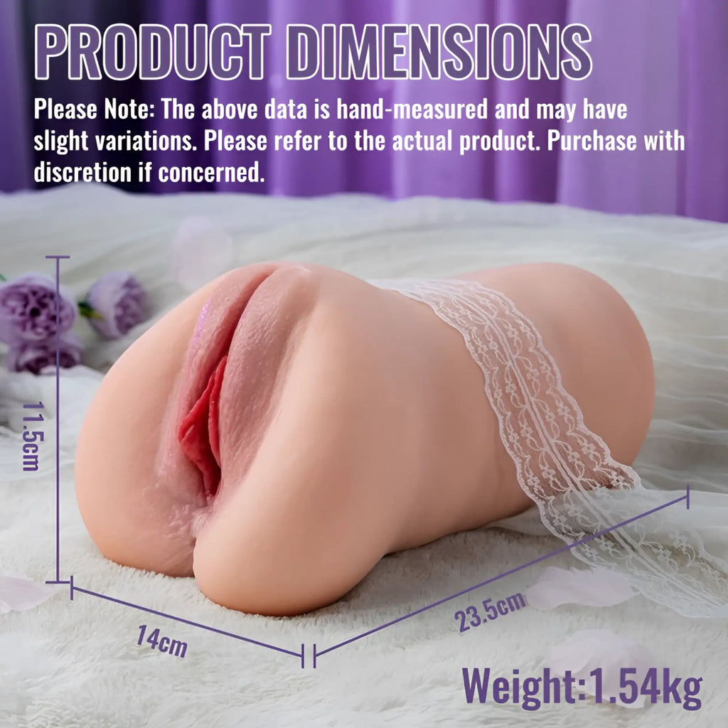 A realistic silicone xise sora app controlled thrusting vibrating vaginal masturbator with lifelike skin and white lace trim