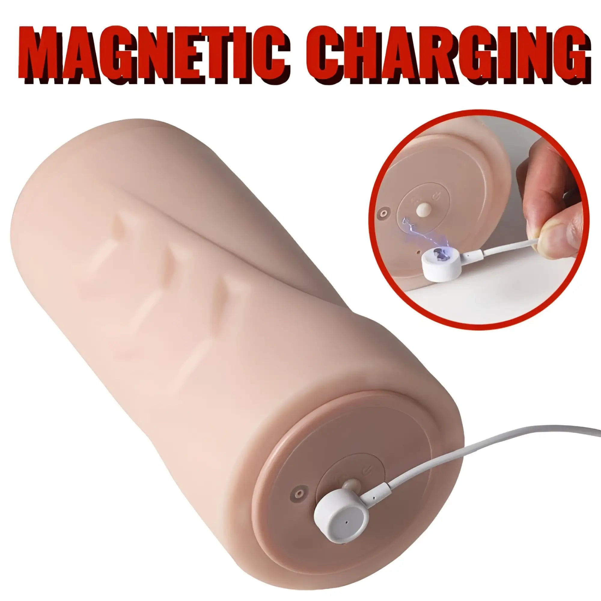 Beige silicone xise suctroker dual density vibrating sucking vaginal masturbator with magnetic charging port and usb cable