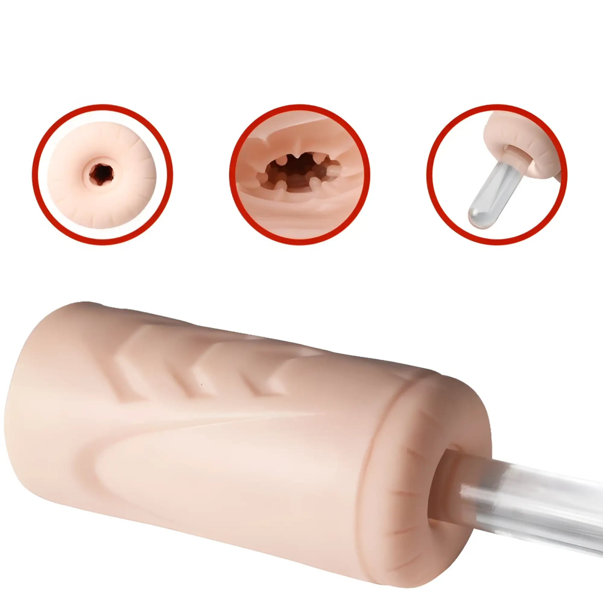 Beige silicone anal plug with textured surface and clear plastic stem from xise suctroker dual density vibrating sucking vaginal masturbator v1