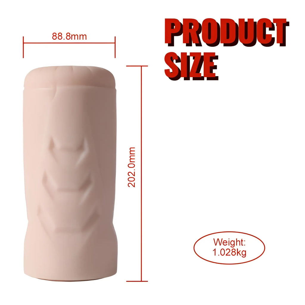 Beige silicone cylindrical xise suctroker dual density vibrating sucking vaginal masturbator with embossed patterns
