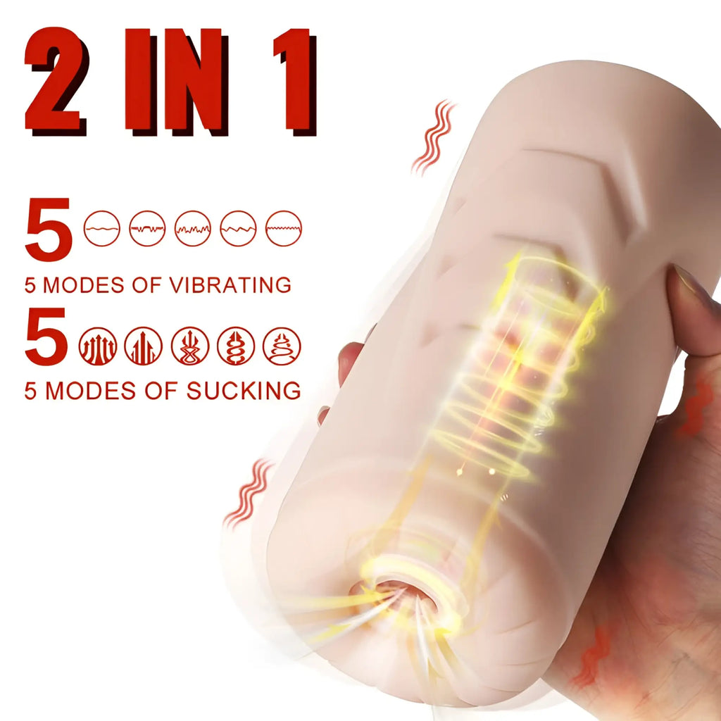 Beige silicone 2-in-1 xise suctroker dual density vibrating sucking vaginal masturbator with five modes shown from front