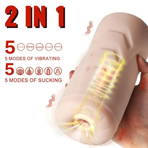 Beige silicone 2-in-1 xise suctroker dual density vibrating sucking vaginal masturbator with five modes shown from front