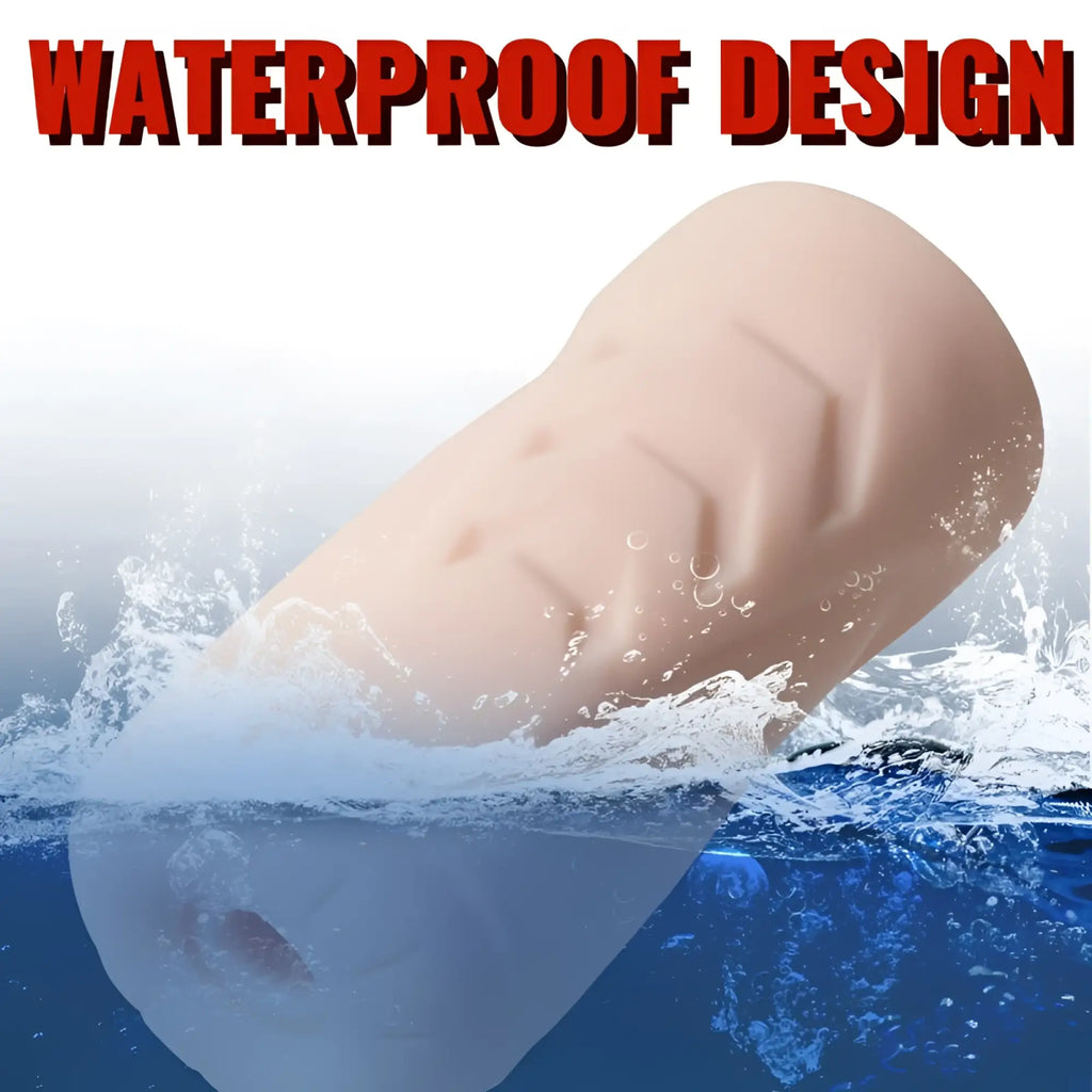 Beige silicone xise suctroker dual density vibrating sucking vaginal masturbator with textured waterproof design