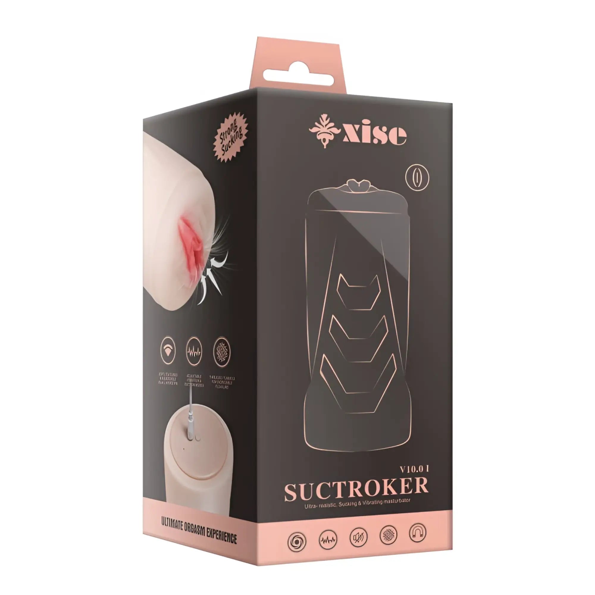 The xise v10.01 suctroker is a matte black and rose gold silicone vibrator with three textured ridges for enhanced stimulation