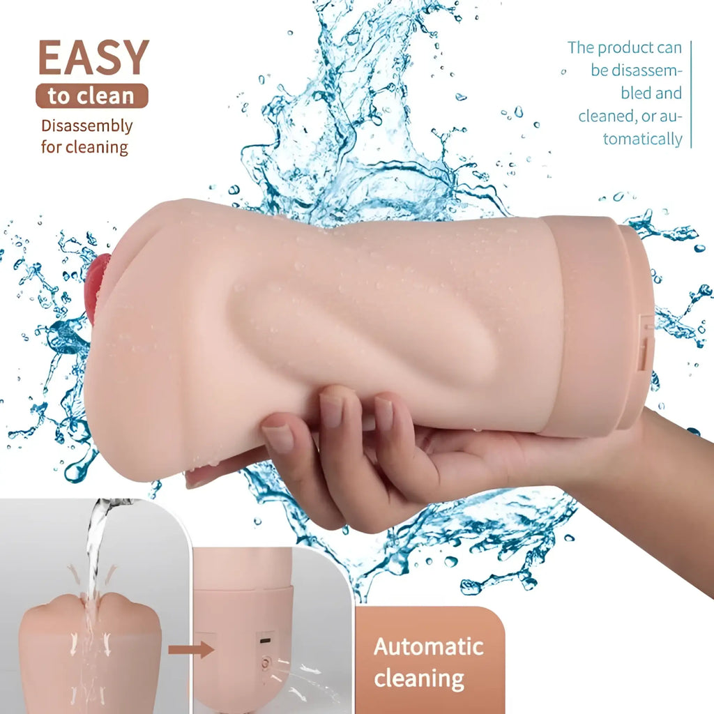 Pink silicone foldable water bottle with ergonomic design and red cap shown with the XISE Suctroker Dual Density Vibrating Masturbator V2.0