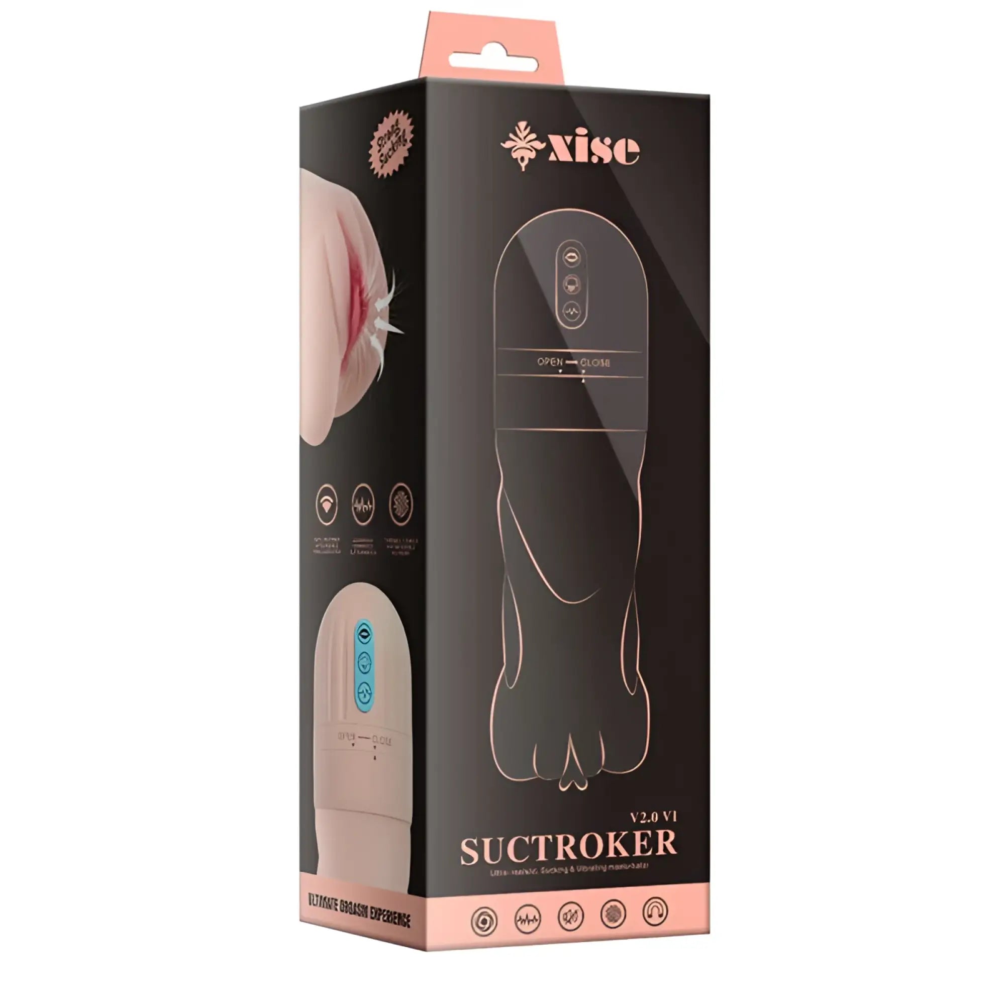 The xise suctroker dual density vibrating sucking vaginal masturbator v2.0 is a rose gold silicone device with three top buttons