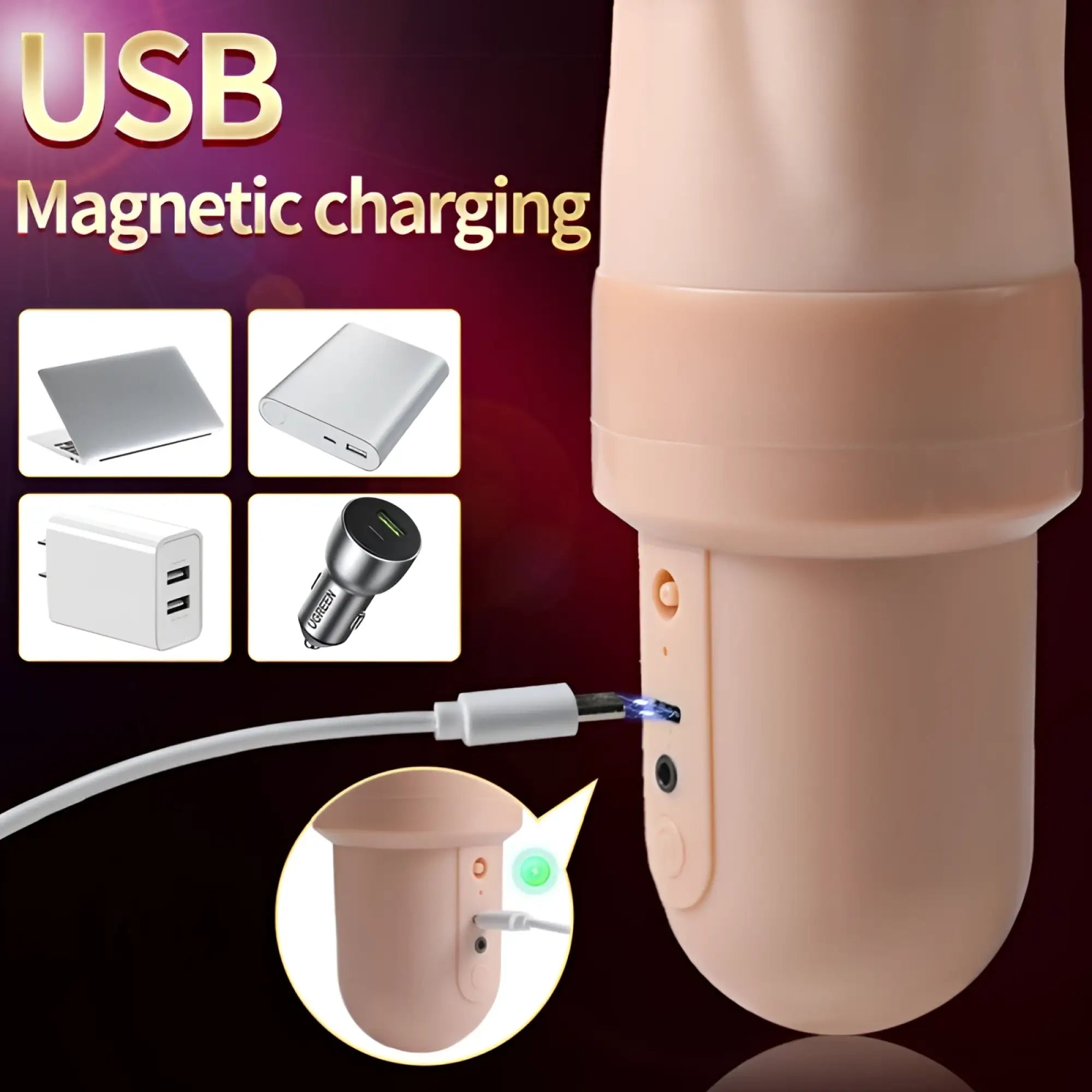 Beige silicone usb magnetic charging device with multiple port compatibility for xise suctroker dual density vibrating masturbator v3