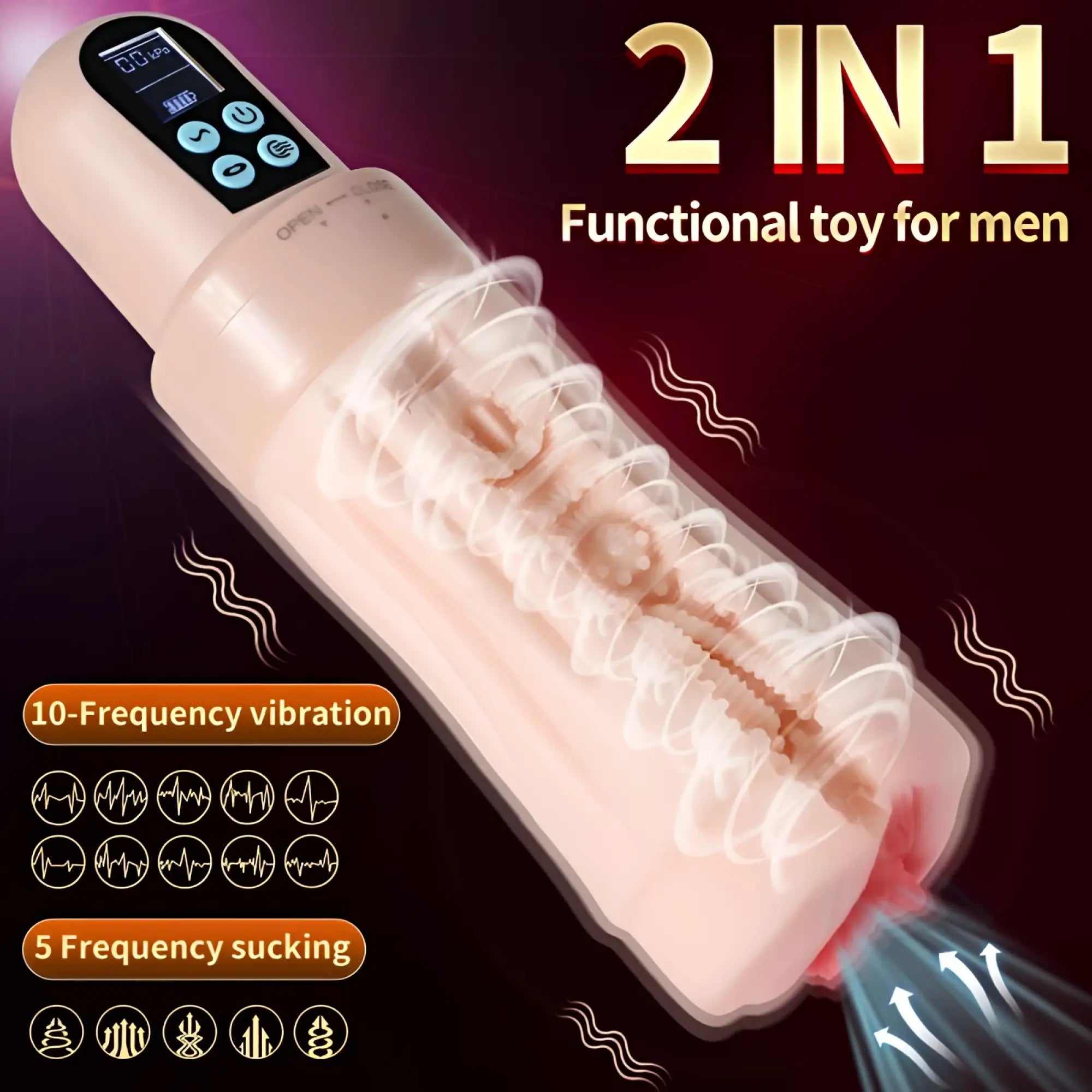 Beige plastic 2-in-1 xise suctroker dual density vibrating sucking vaginal masturbator with digital control panel