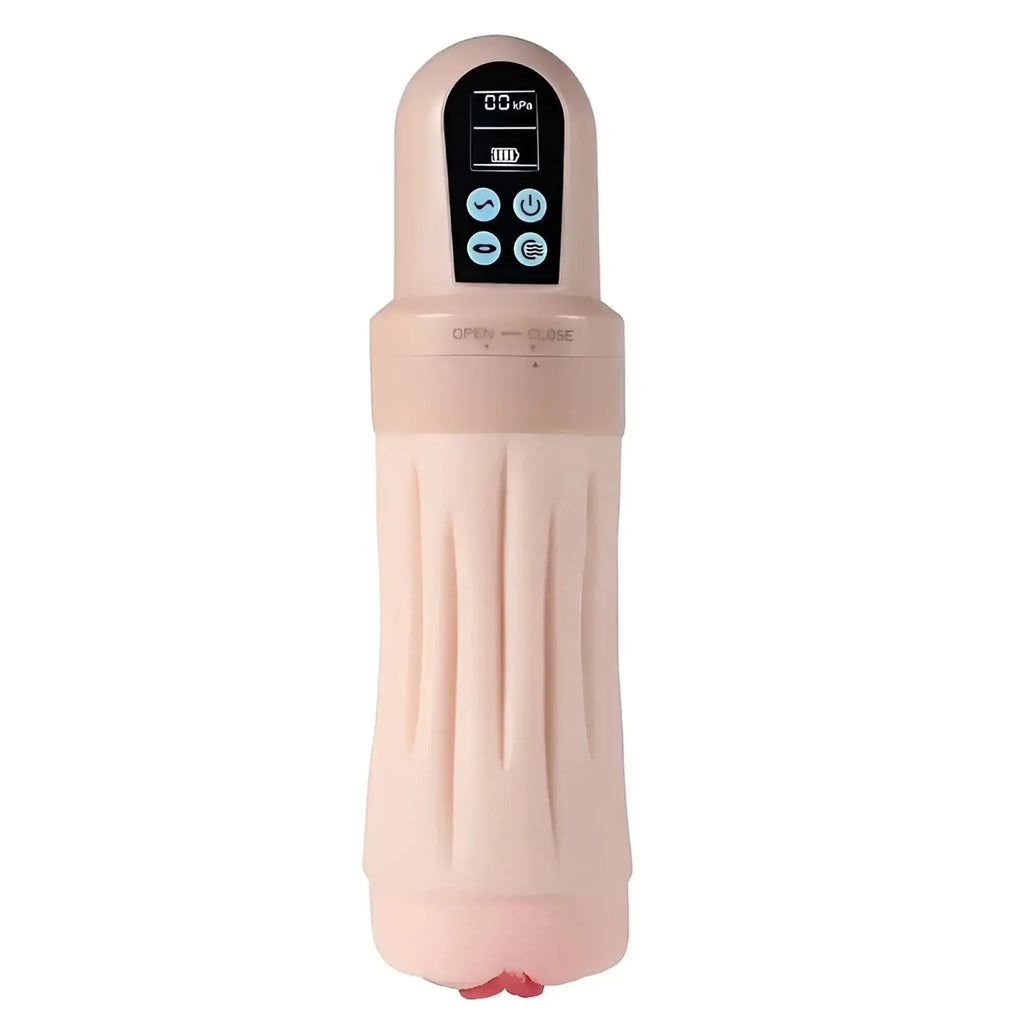 Pink handheld vacuum with digital display and control buttons.