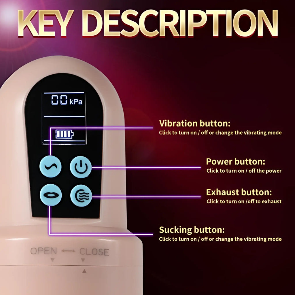 Cream-colored plastic XISE Suctroker dual density vibrating sucking vaginal masturbator V3 with digital pressure display and buttons