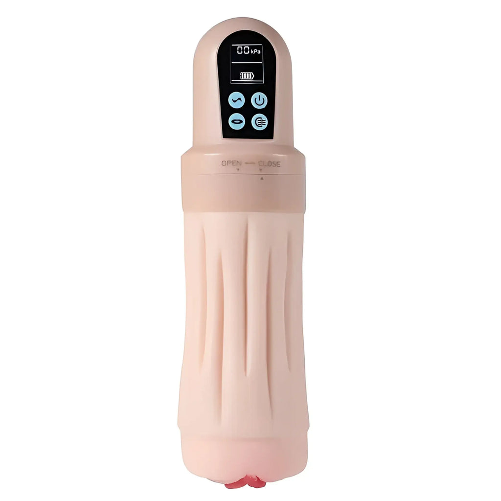 Pink handheld vacuum with digital display and control buttons featured with xise suctroker dual density vibrating sucking vaginal masturbator v3