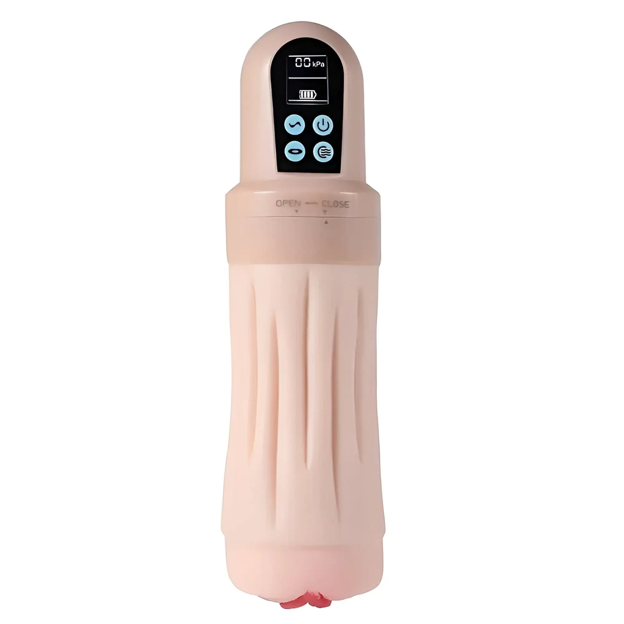 Pink handheld vacuum with digital display and control buttons featured with xise suctroker dual density vibrating sucking vaginal masturbator v3