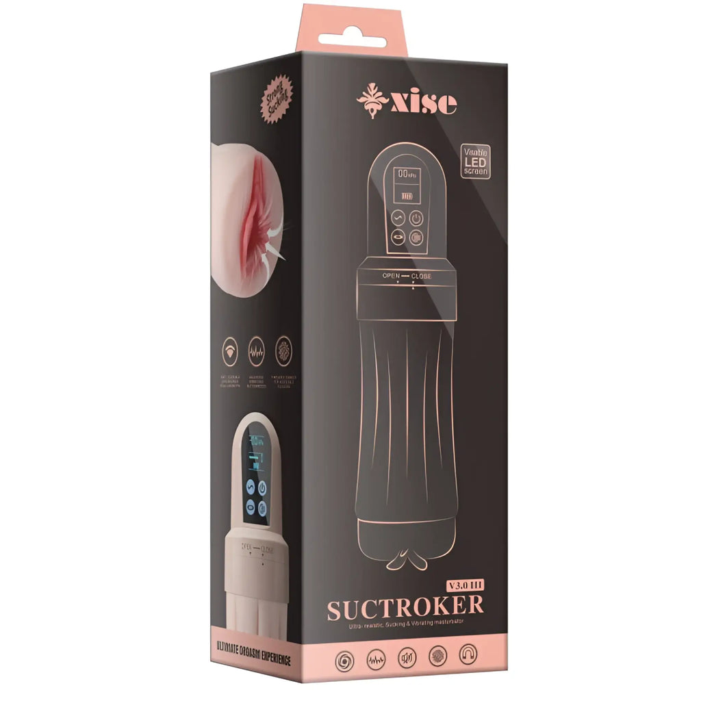 Xise v3.0 iii suctroker is a sleek black and rose gold electronic vaginal masturbator with suction vibration controls