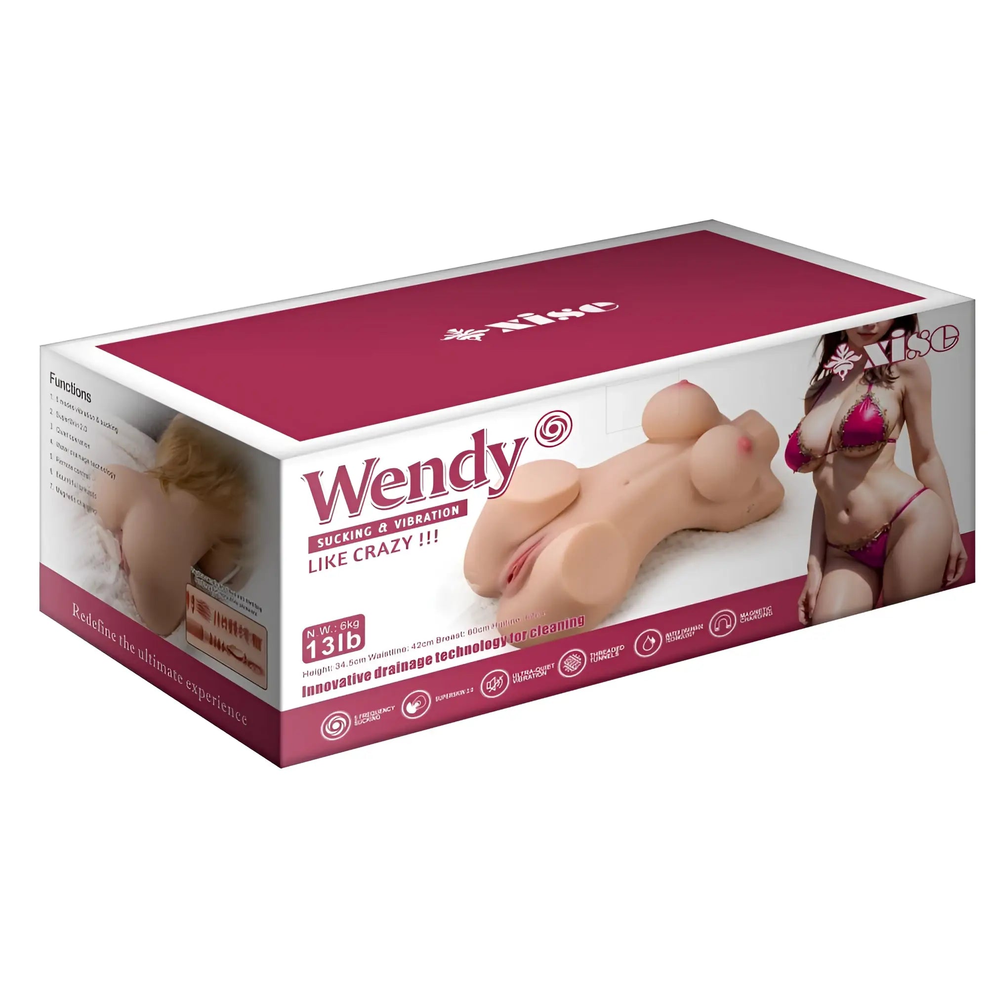 Xise Wendy 6kg remote control silicone female torso sex doll in maroon and white box by Wendy brand