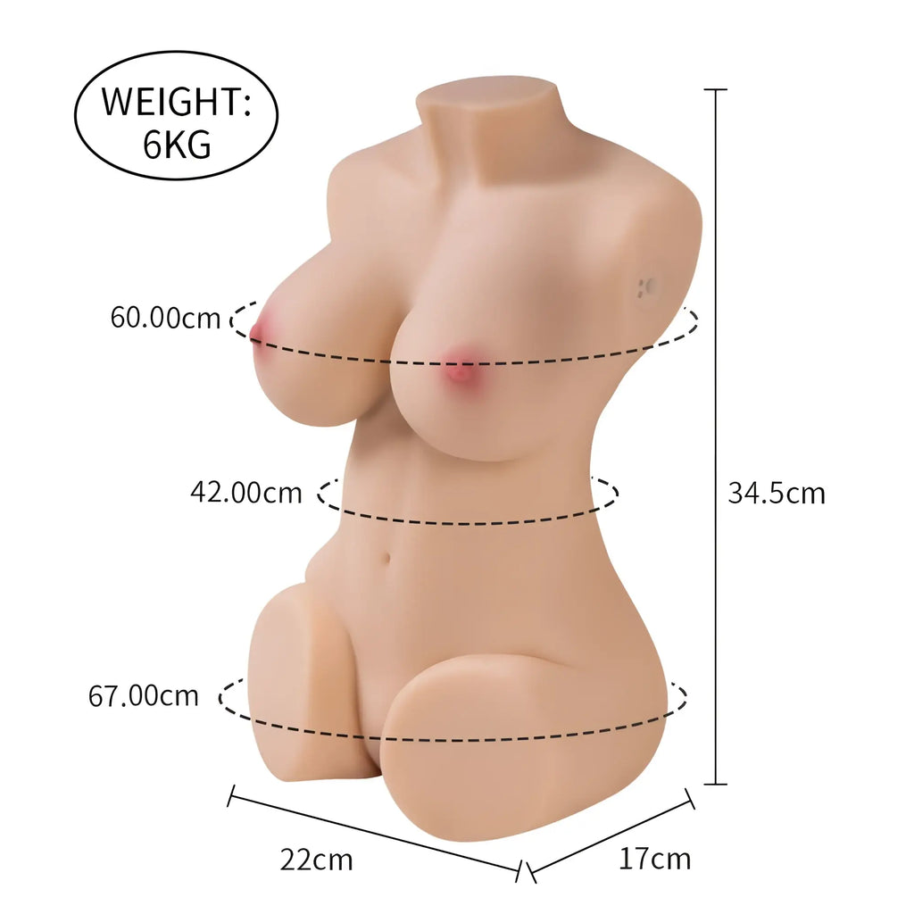 A realistic beige silicone female torso model weighing 6kg with detailed anatomical features for remote control use