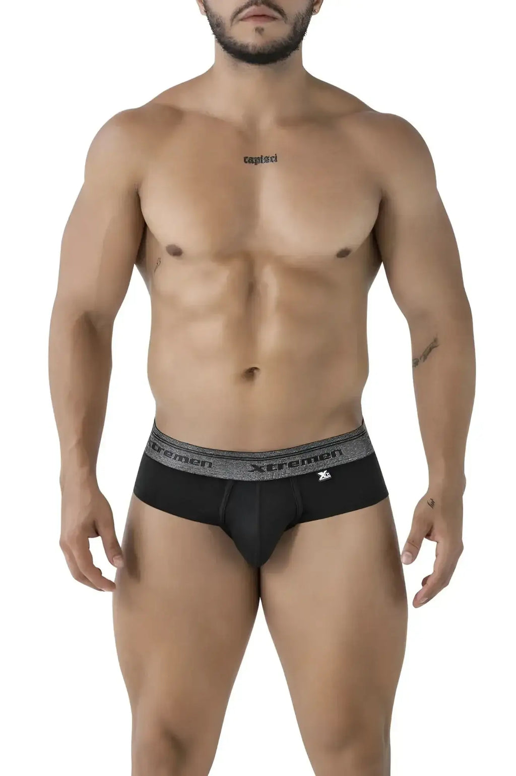 Black xtremen 41315 cotton blend briefs with gray textured waistband featuring xtremen brand name and logo