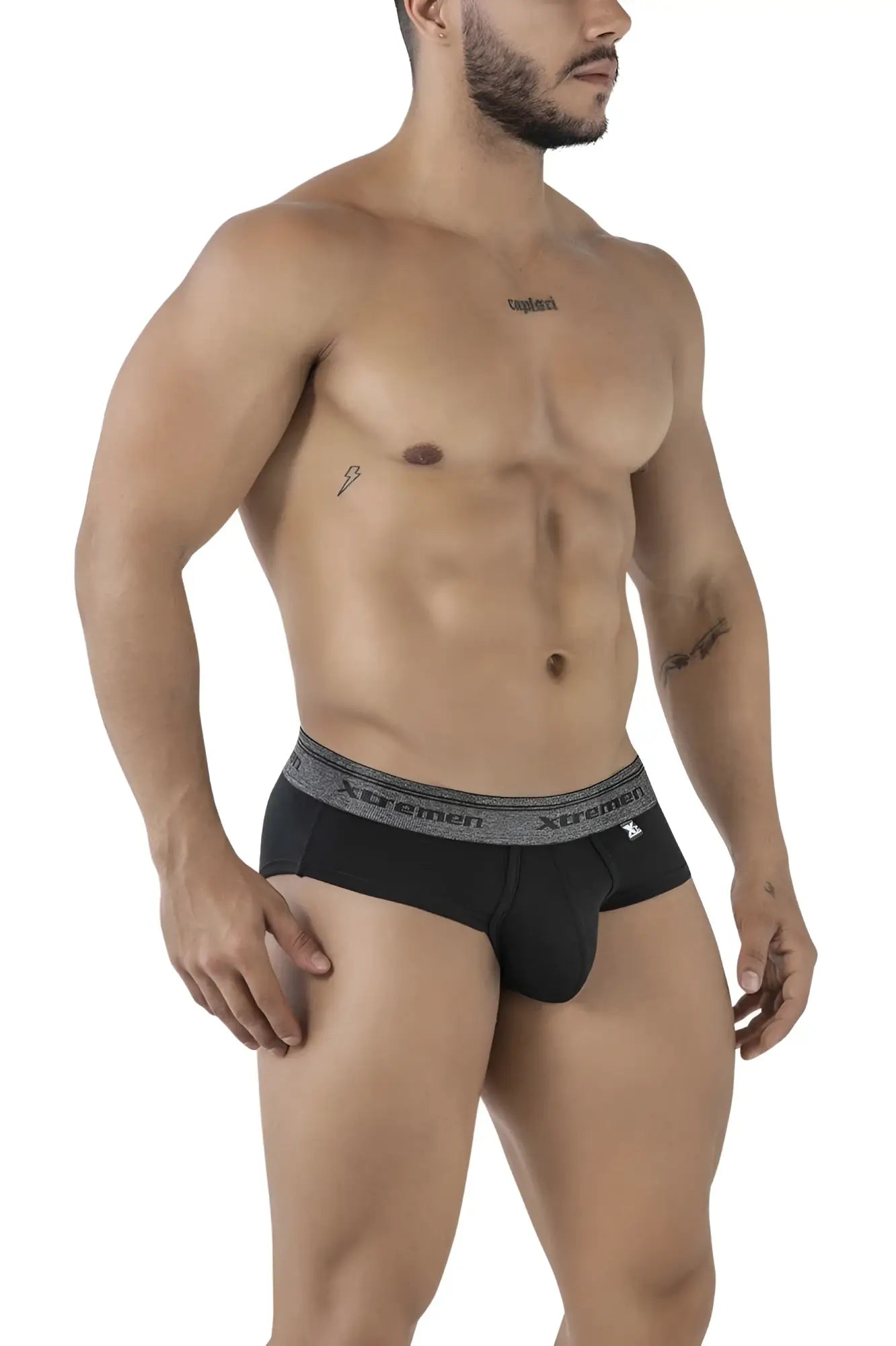 Black xtramen 41315 cotton blend briefs with gray elastic waistband featuring brand name and logo