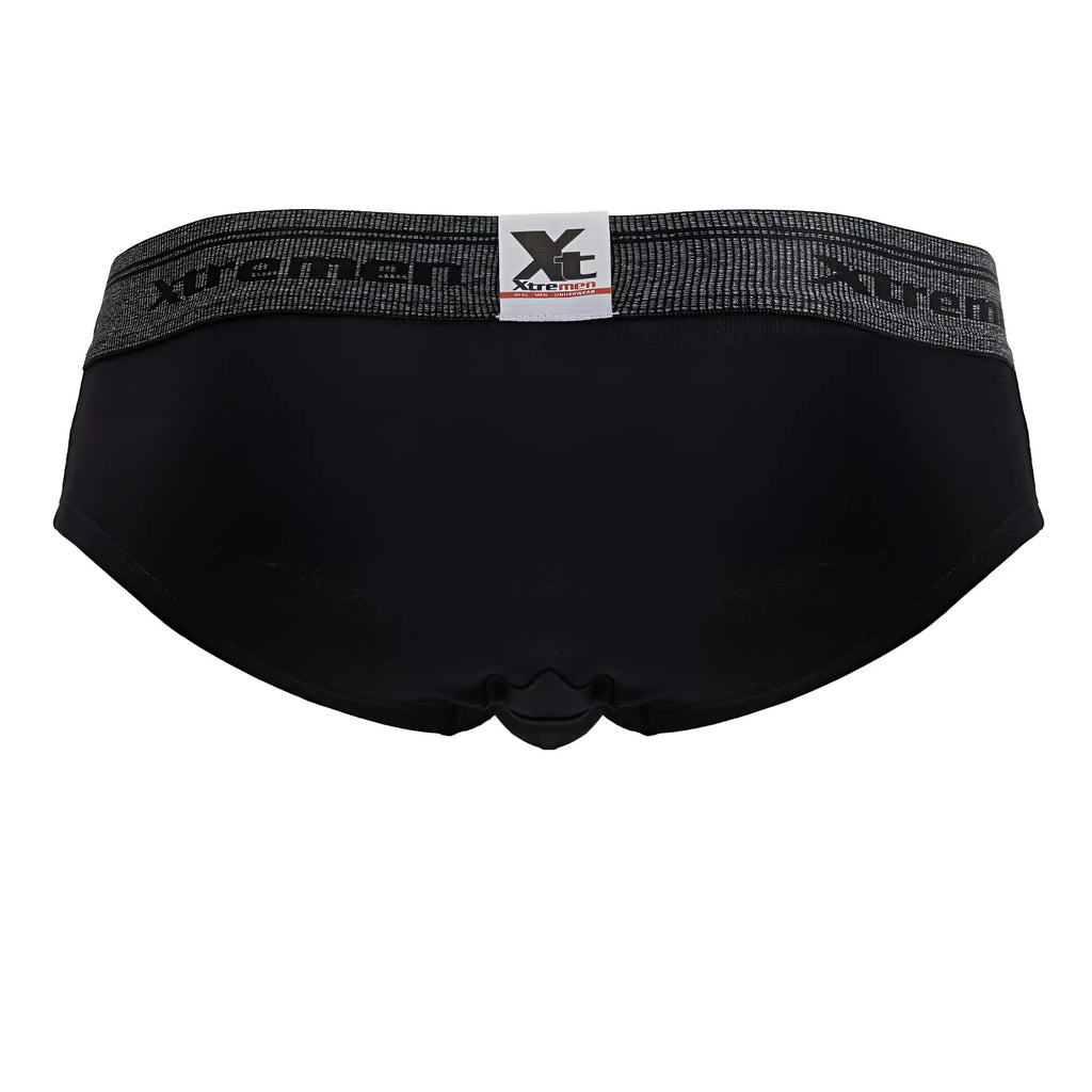 Black xtremen 41315 cotton blend men’s briefs with gray elastic waistband featuring the brand logo