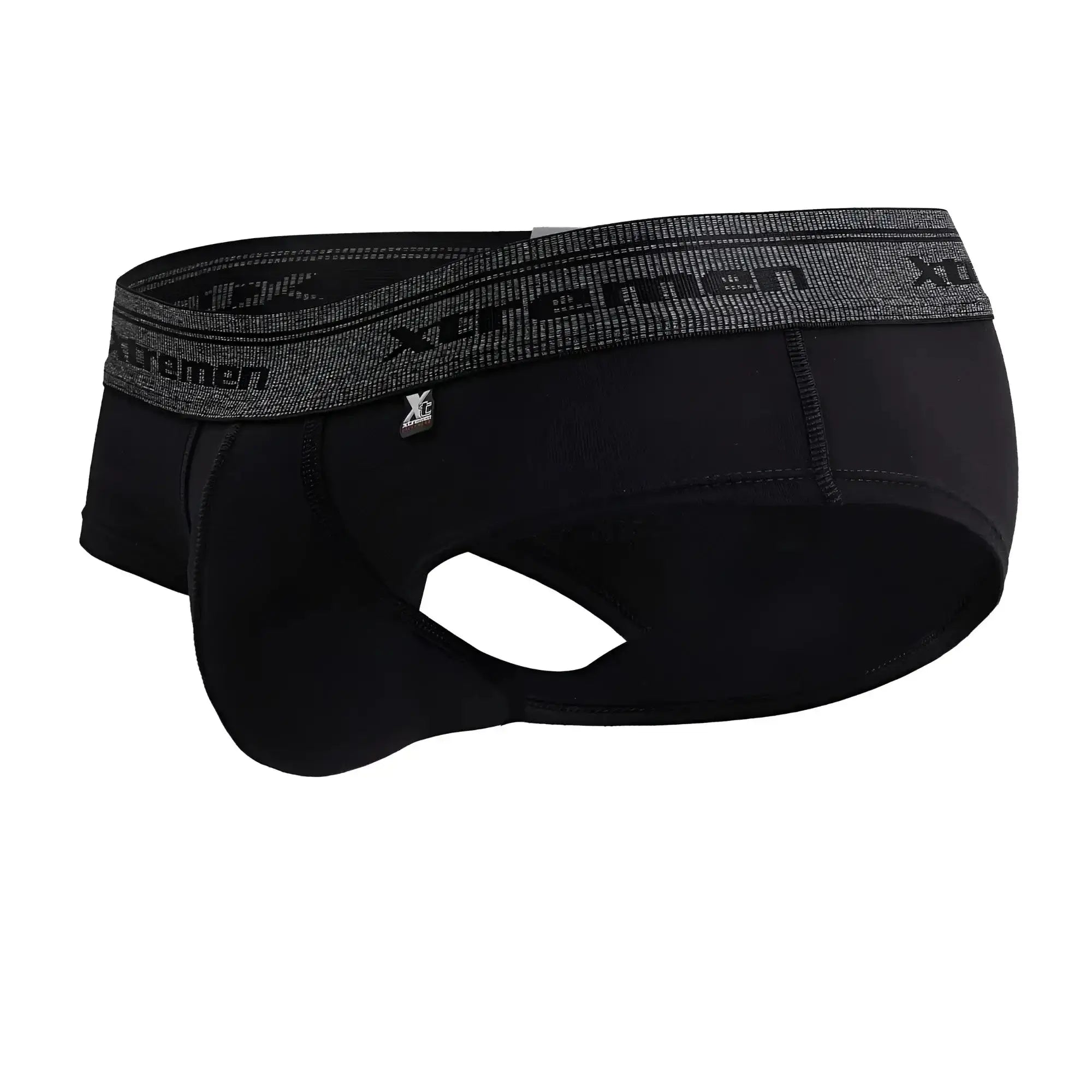 Black xtremen 41315 cotton blend men’s briefs with textured gray waistband featuring brand name and logo