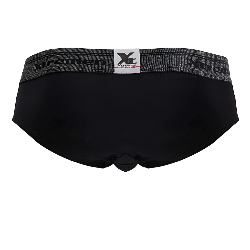Black xtremen 41315 cotton blend men’s briefs with gray elastic waistband featuring the brand logo
