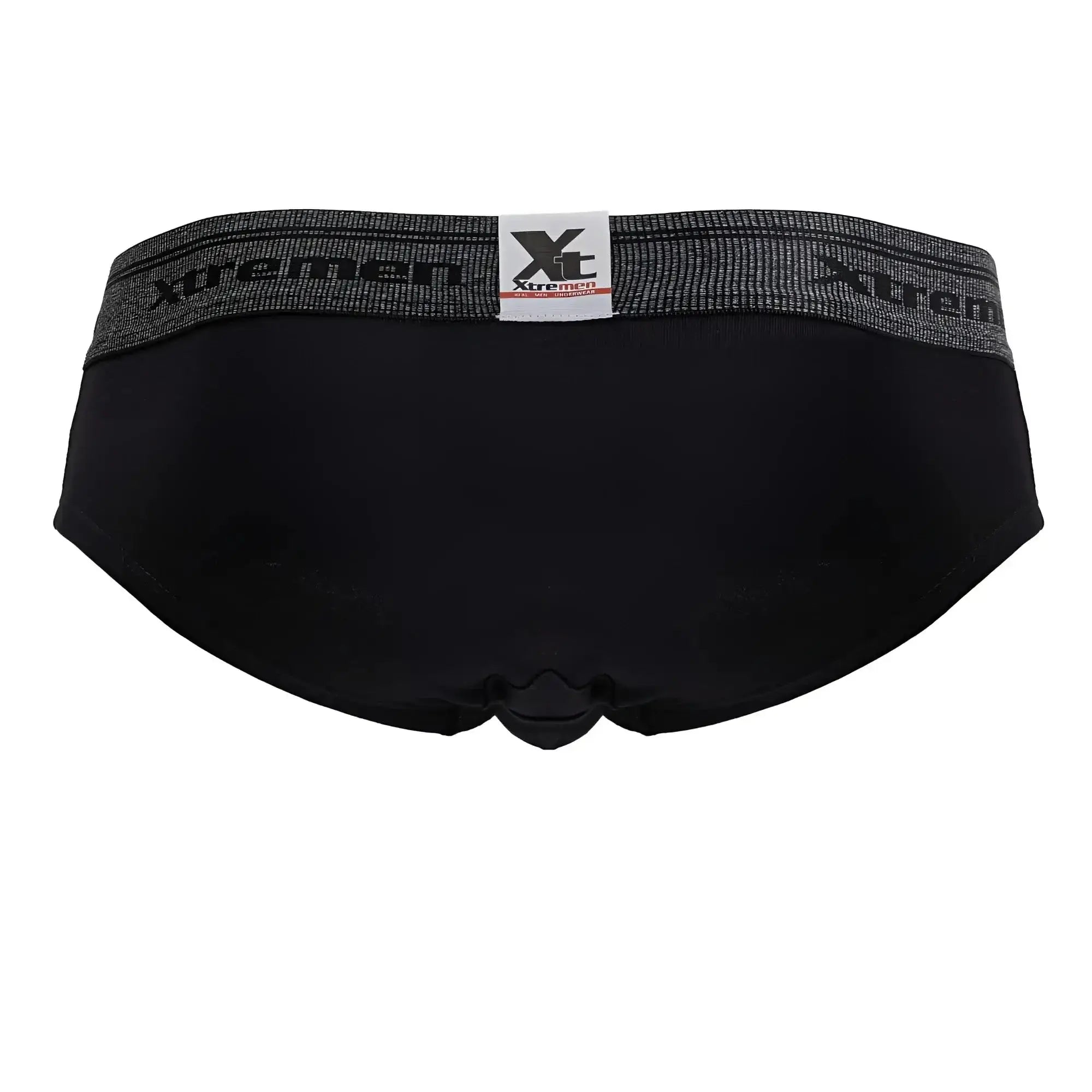 Black xtremen 41315 cotton blend men’s briefs with gray elastic waistband featuring the brand logo