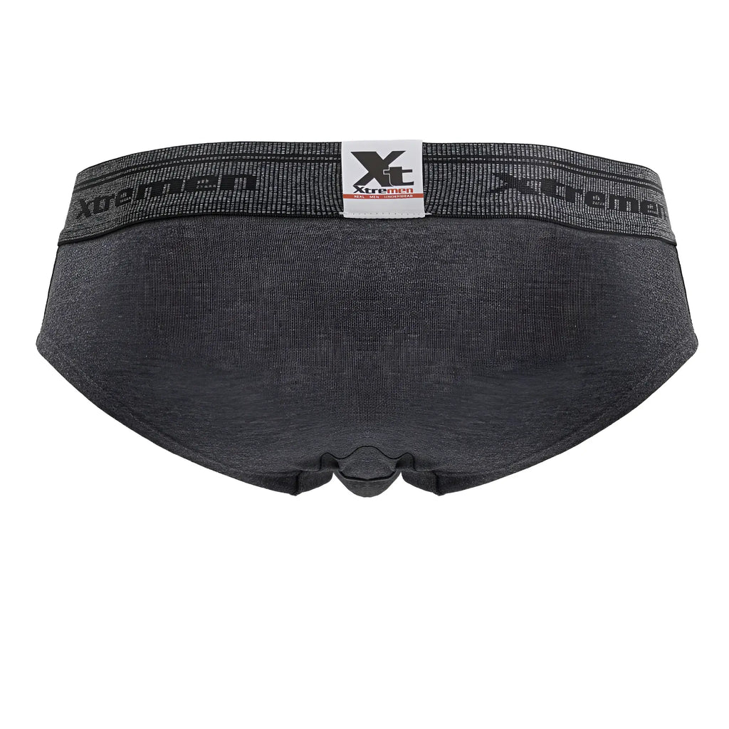 Dark gray heathered cotton blend briefs with black elastic waistband featuring xtreme logo and branding