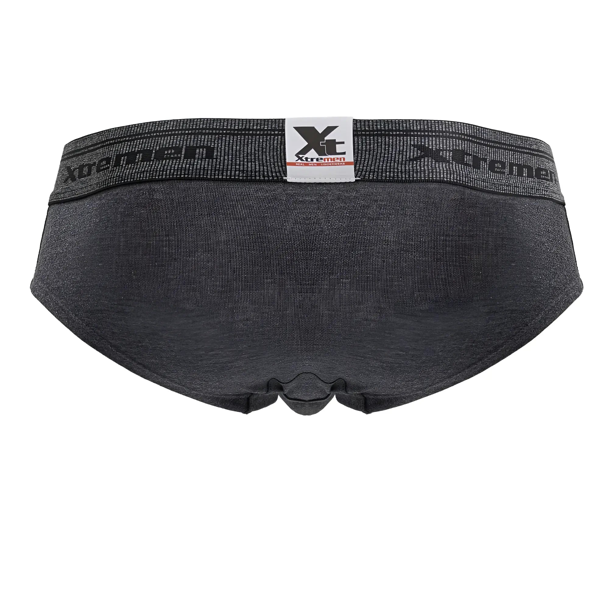 Dark gray heathered cotton blend briefs with black elastic waistband featuring xtreme logo and branding