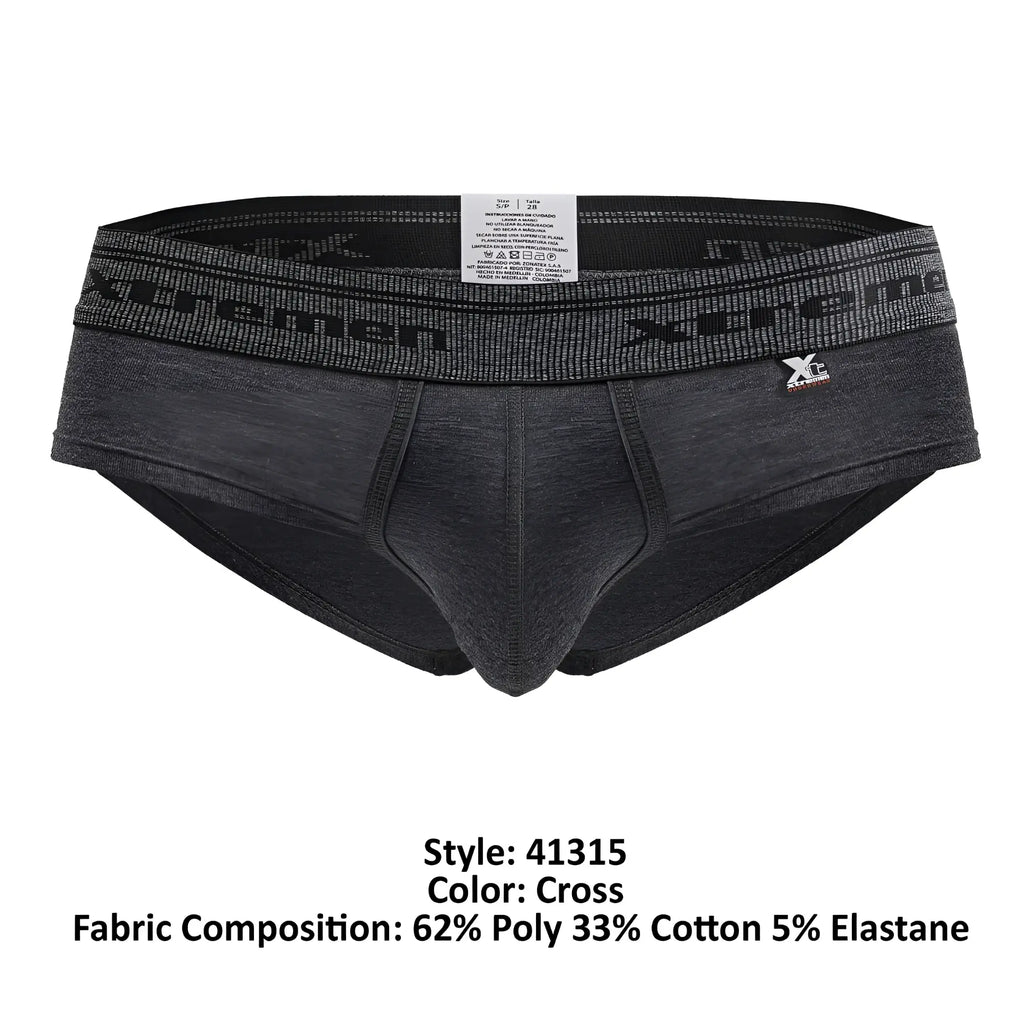Dark gray heathered men’s briefs in cotton blend with black xtreme waistband and xp brand emblem side detail