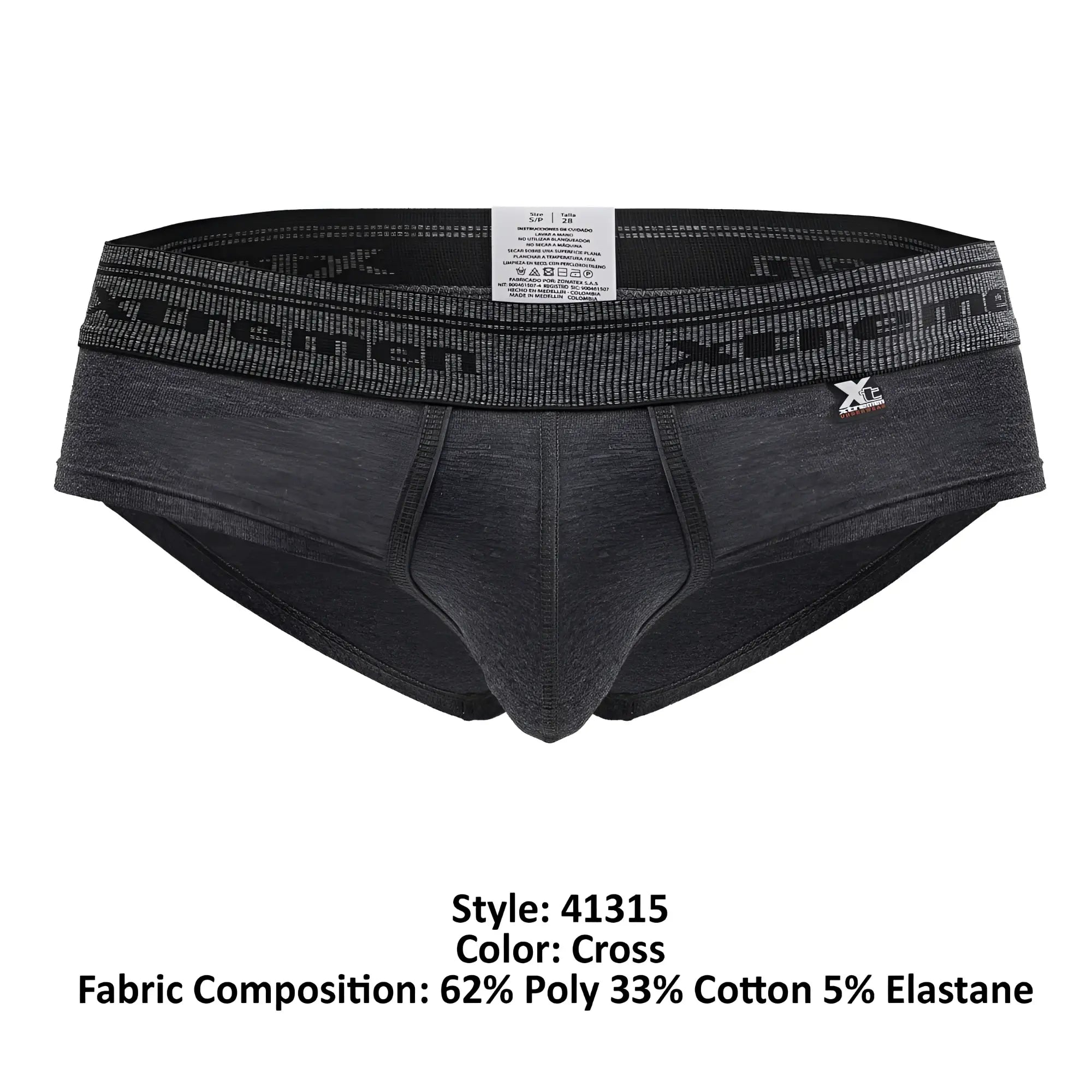 Dark gray heathered men’s briefs in cotton blend with black xtreme waistband and xp brand emblem side detail