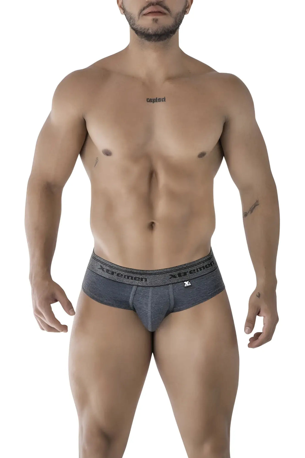 Gray textured men’s briefs with branded waistband made of cotton blend from xtremen 41315 color cross collection