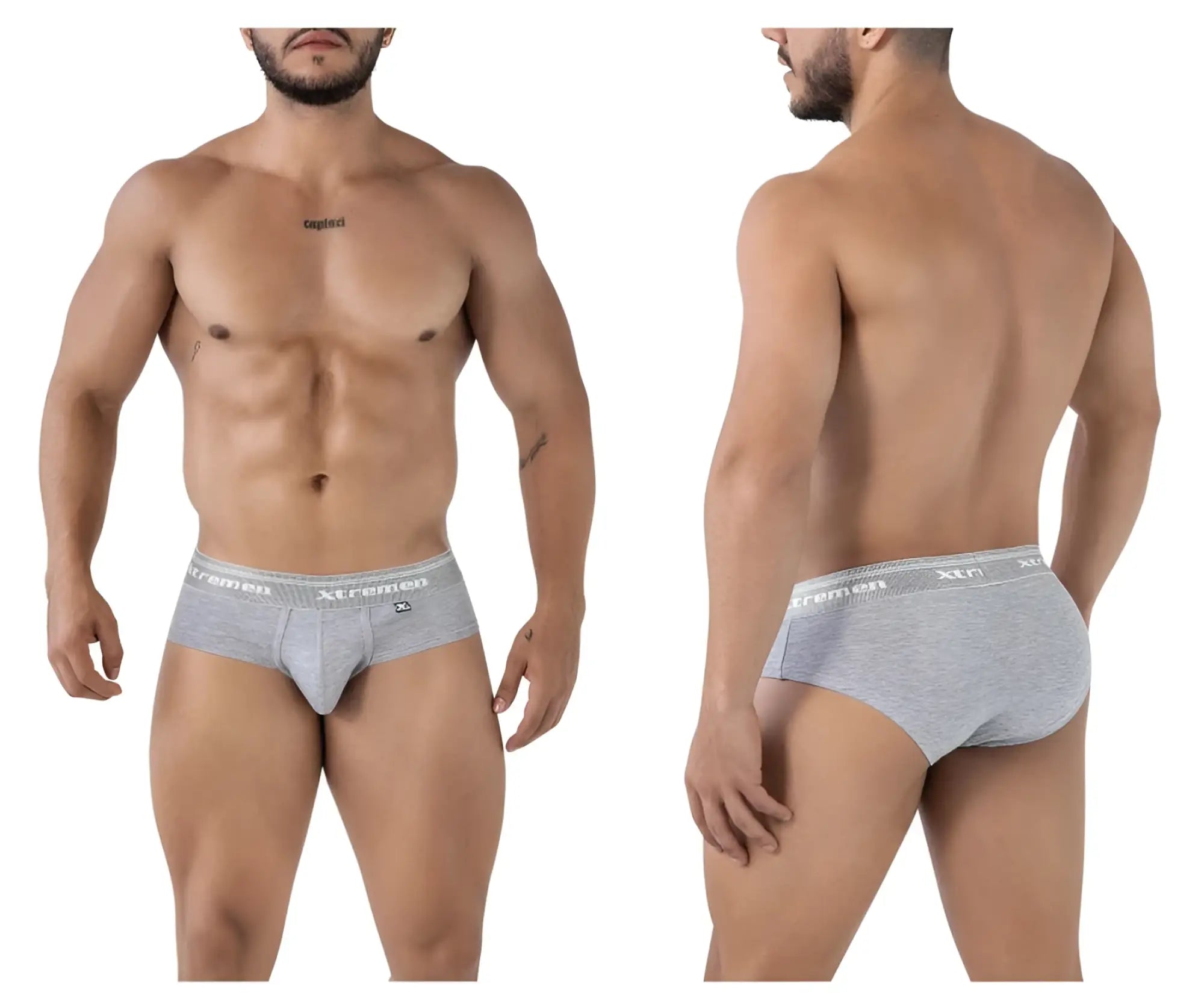 Gray heathered cotton blend briefs with white elastic waistband featuring xtreme logo in jasper gray